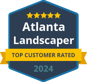A badge showing "Atlanta Landscaper, Top Customer Rated, 2024" with five stars at the top.