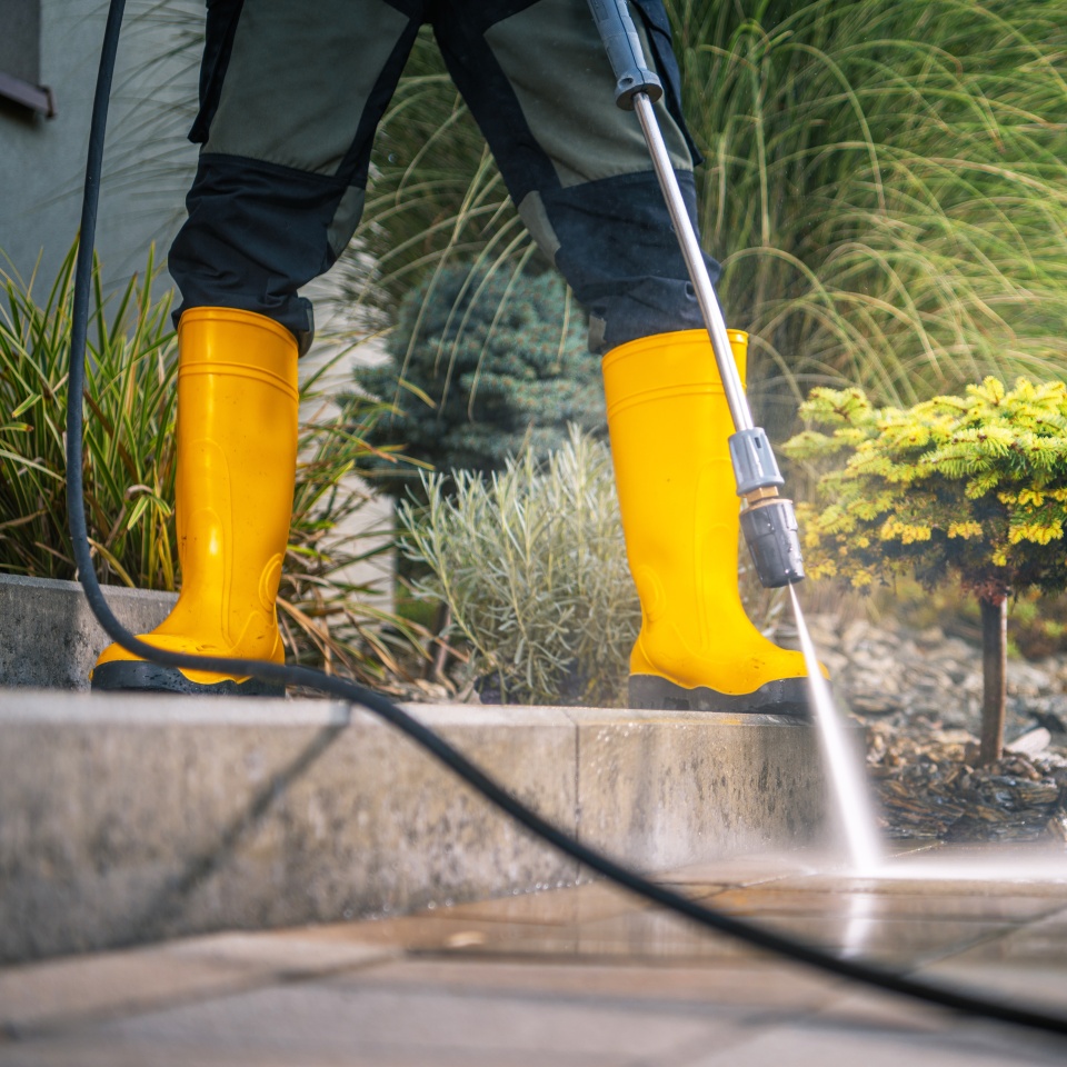 A gardener in bright yellow boots operates a pressure washer to clean a stone patio in a beautifully landscaped garden. Lush greenery and colorful plants surround the area