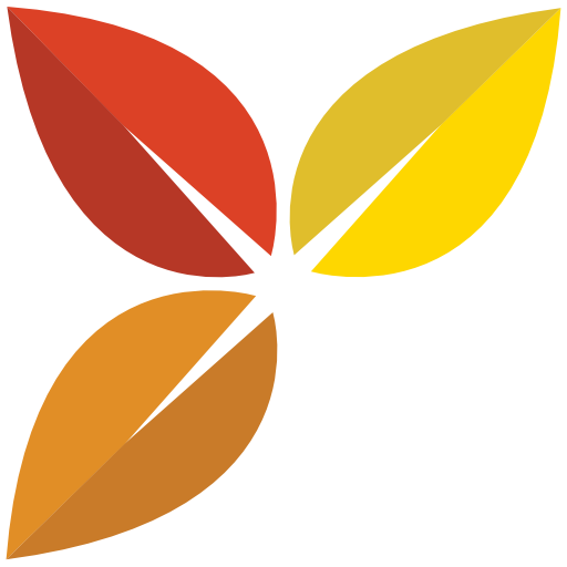 A stylized logo featuring four overlapping leaves in red, yellow, orange, and gold, arranged in a symmetrical, pinwheel-like pattern on a transparent background.