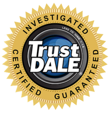 Gold circular TrustDALE badge with "Investigated, Certified, Guaranteed" written around the edge and "TrustDALE" in bold letters inside a camera lens graphic at the center.