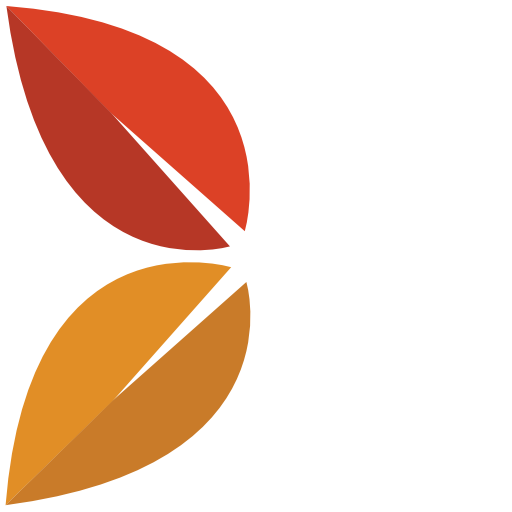 Two stylized, overlapping leaf shapes—one red and one orange—form a simple, abstract geometric design on a white background.